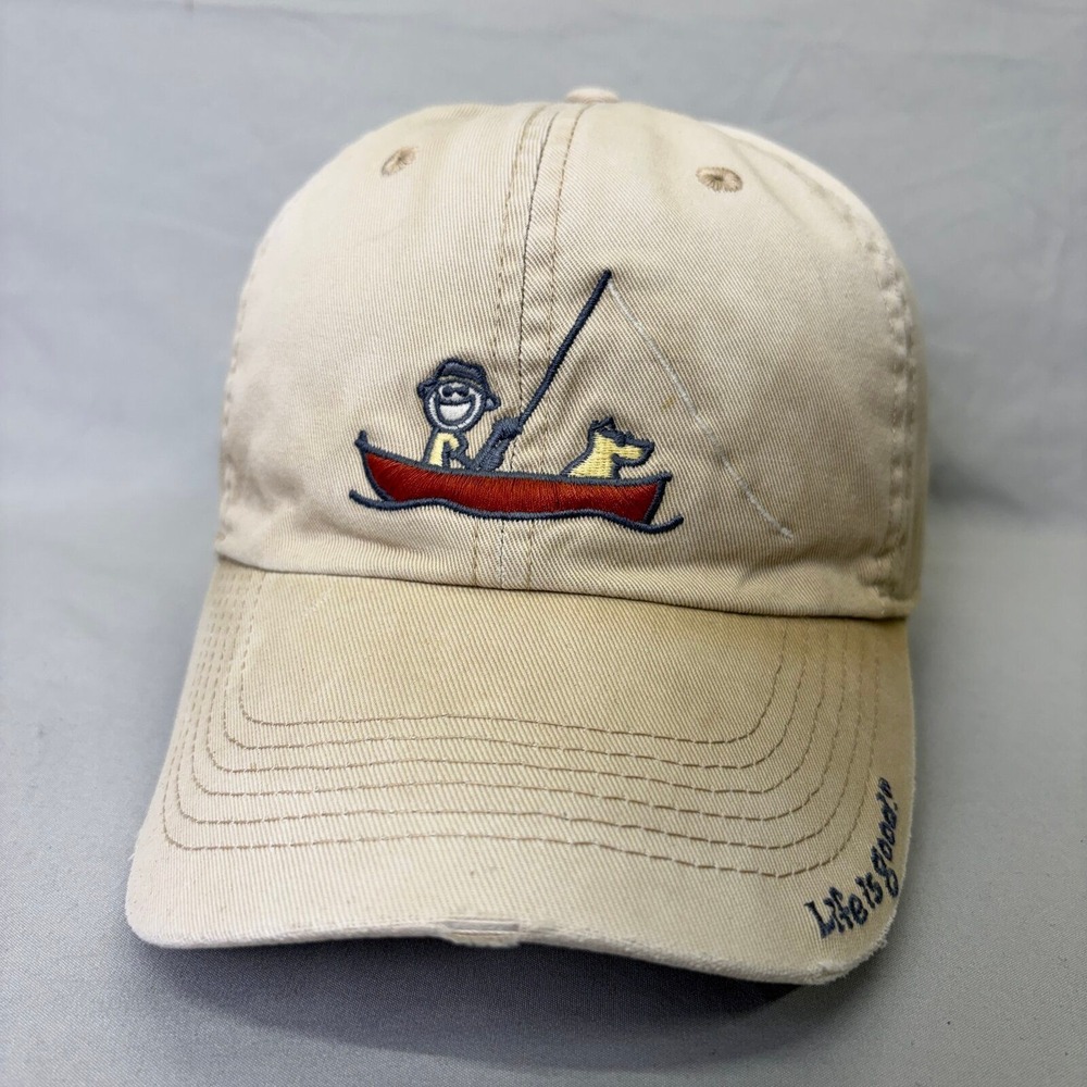 Life is Good Fishing Boat Hat Unisex OSFA Tan Embroidered Cotton Cap
